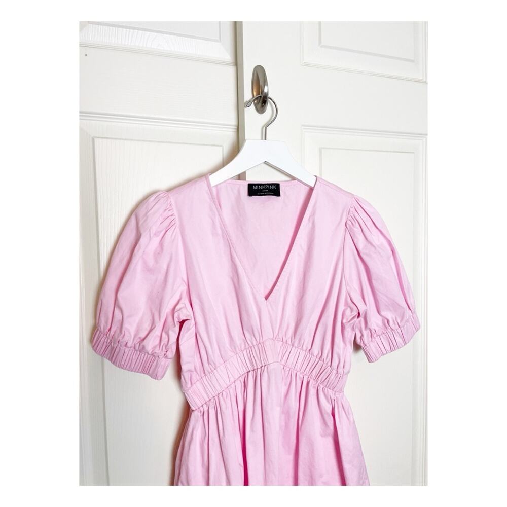 MINKPINK Lora Pink Empire Waist Mini Dress Puff Sleeve Cotton Sz M - Picture 4 of 11